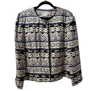 100% Silk Maggy London Light Jacket, Black Cobalt Blue Lace Print Sz 16 Gorgeous